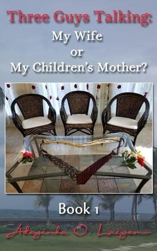 Book one cover: three wicker chairs behind a glass table where two neckties rest with small flowers, by an overcast sea.